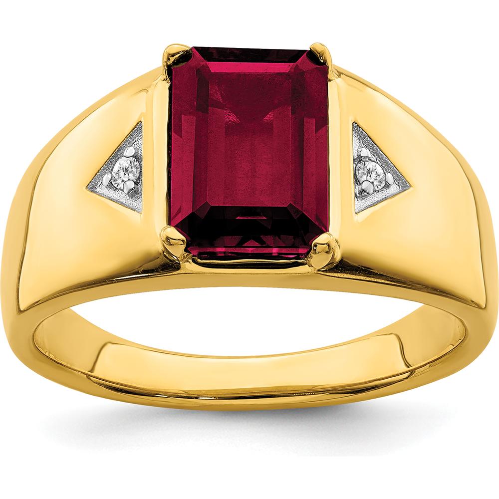 14K Yellow Gold 14K Gold Emerald-Cut Lab-Created Ruby and Round Diamond Men's Ring - 3.98 Carat Ruby, 0.02 Carat Diamond by 0
