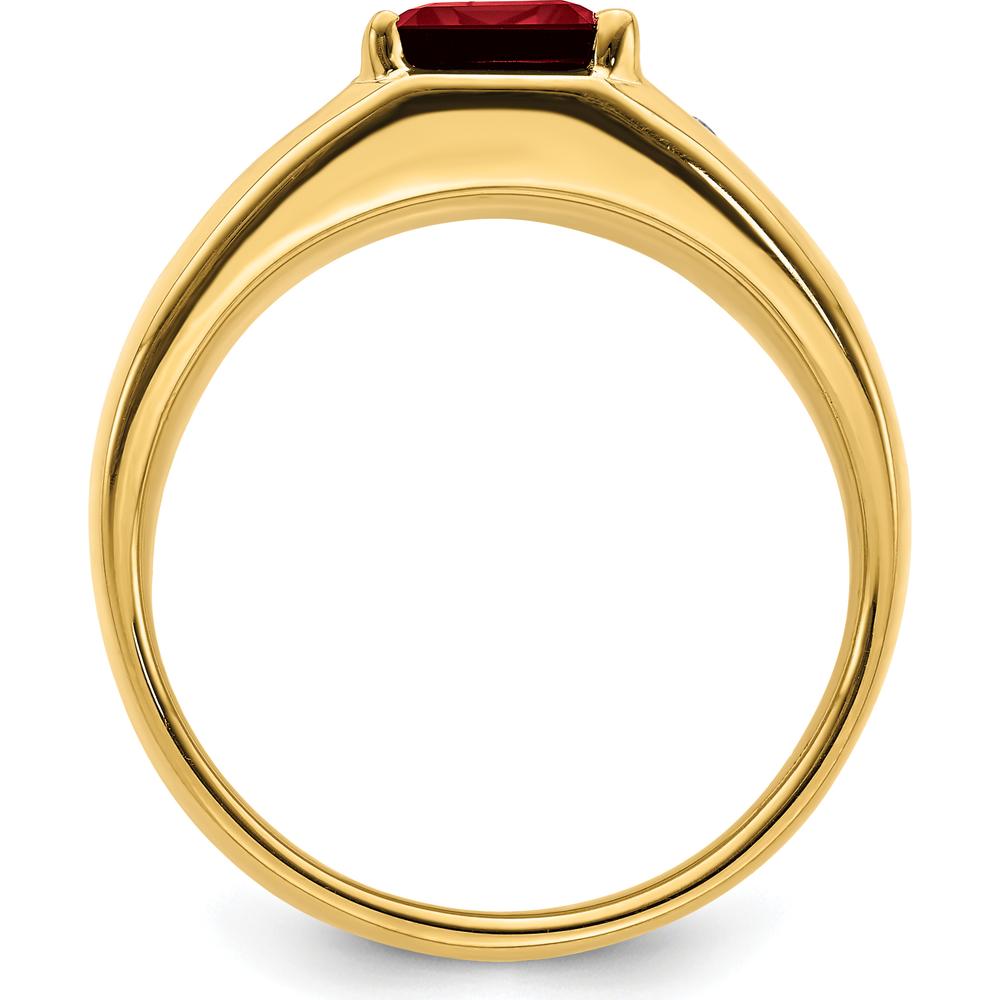14K Yellow Gold 14K Gold Emerald-Cut Lab-Created Ruby and Round Diamond Men's Ring - 3.98 Carat Ruby, 0.02 Carat Diamond by 0