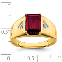 14K Yellow Gold 14K Gold Emerald-Cut Lab-Created Ruby and Round Diamond Men's Ring - 3.98 Carat Ruby, 0.02 Carat Diamond by 0