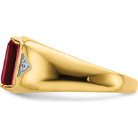 14K Yellow Gold 14K Gold Emerald-Cut Lab-Created Ruby and Round Diamond Men's Ring - 3.98 Carat Ruby, 0.02 Carat Diamond by 0