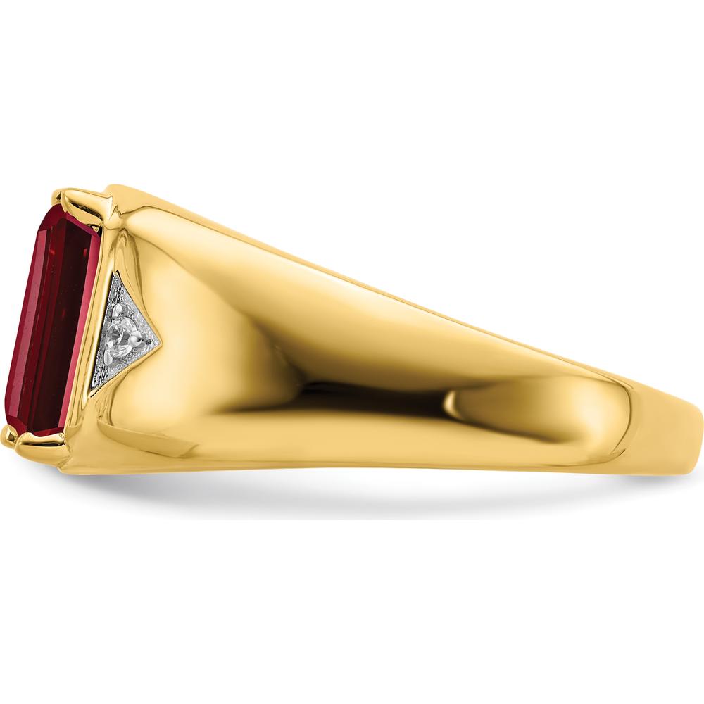 14K Yellow Gold 14K Gold Emerald-Cut Lab-Created Ruby and Round Diamond Men's Ring - 3.98 Carat Ruby, 0.02 Carat Diamond by 0