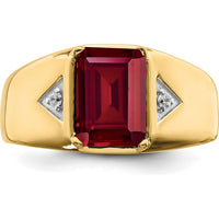 14K Yellow Gold 14K Gold Emerald-Cut Lab-Created Ruby and Round Diamond Men's Ring - 3.98 Carat Ruby, 0.02 Carat Diamond by 0