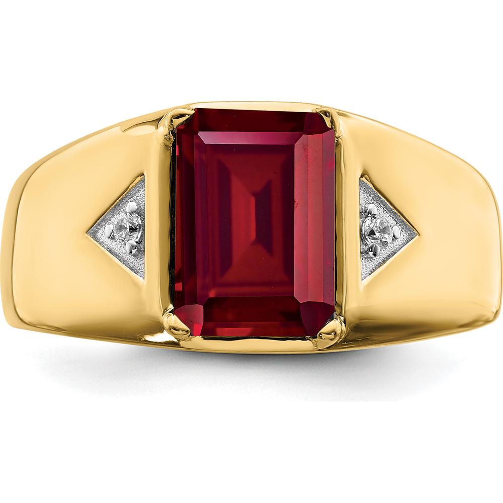 14K Yellow Gold 14K Gold Emerald-Cut Lab-Created Ruby and Round Diamond Men's Ring - 3.98 Carat Ruby, 0.02 Carat Diamond by 0