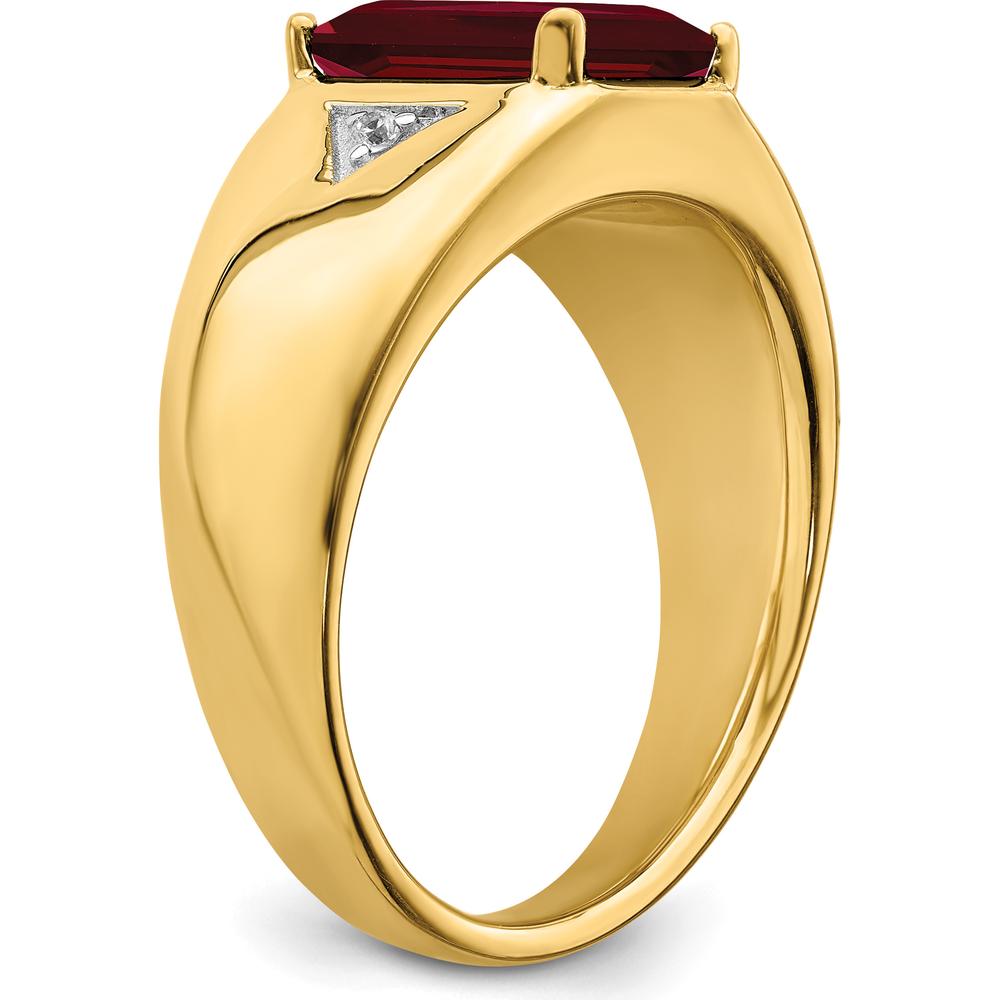 14K Yellow Gold 14K Gold Emerald-Cut Lab-Created Ruby and Round Diamond Men's Ring - 3.98 Carat Ruby, 0.02 Carat Diamond by 0