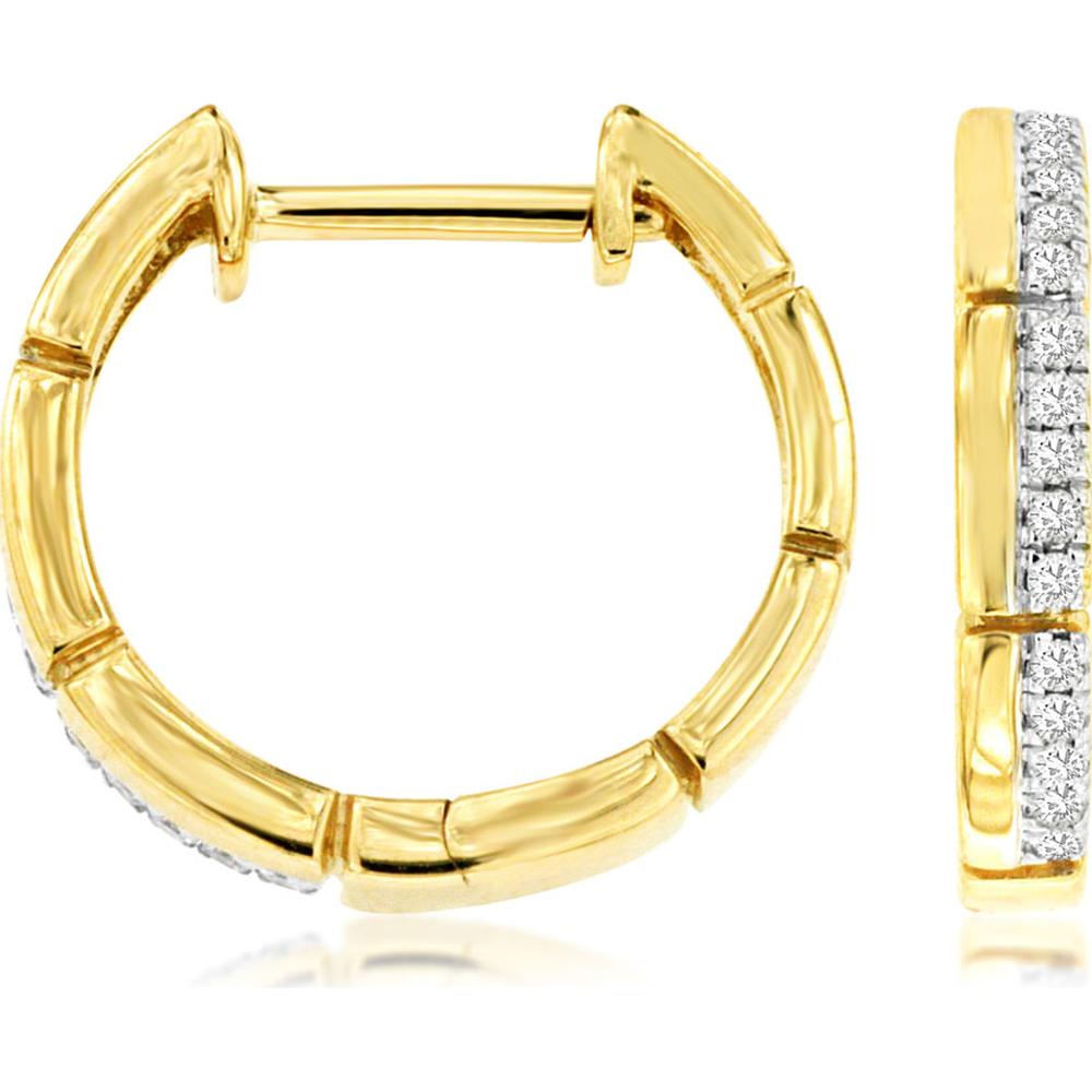 14K Yellow Gold 14mm Diamond Hoop Earrings with Front-Facing Round Diamonds - 0.12 Carat Total Diamond Weight - Royal Jewelry