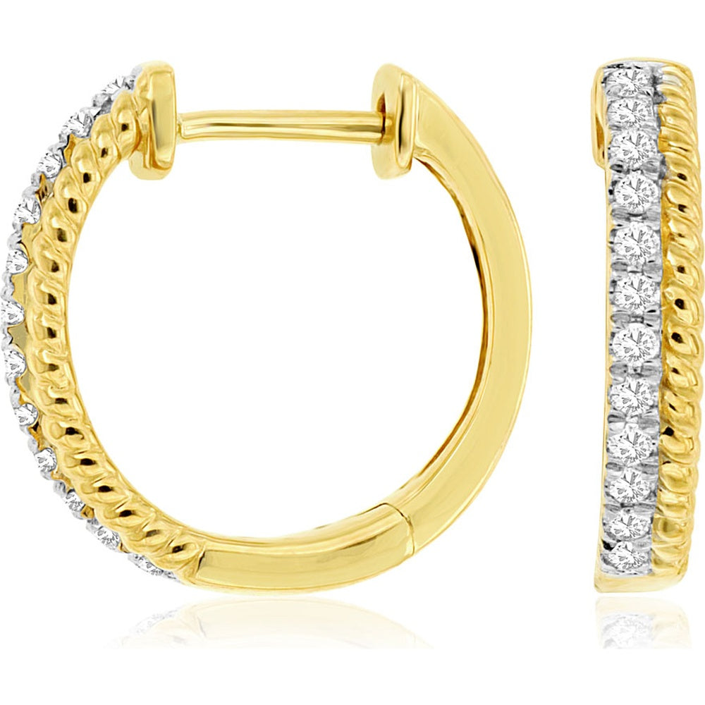 14K Yellow Gold 14mm Medium Diamond Hoop Earrings with Channel-Set Round Brilliant Diamonds - 0.16 Carat Total Diamond Weight - Royal Jewelry