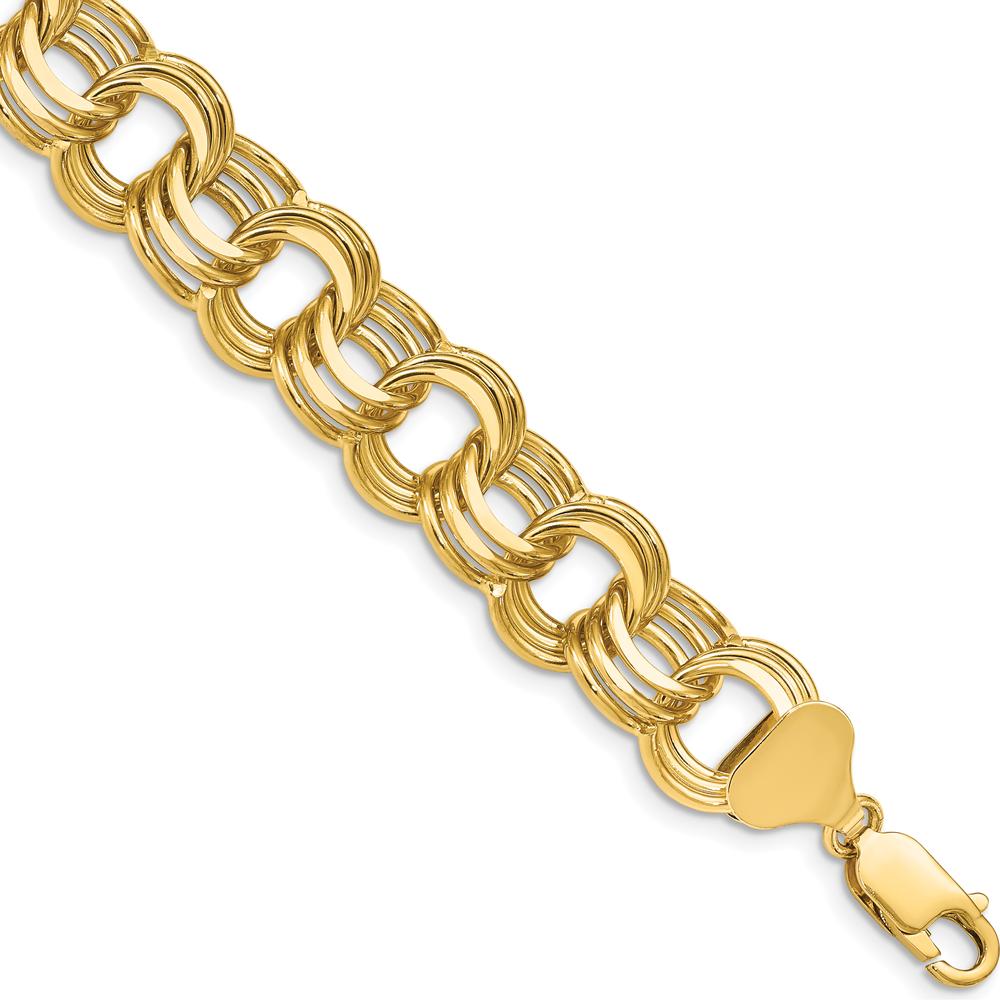 14K Yellow Gold 14mm Solid Triple Link Charm Bracelet - Polished Finish 8.5" Length by 0