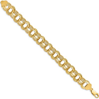 14K Yellow Gold 14mm Solid Triple Link Charm Bracelet - Polished Finish 8.5" Length by 0