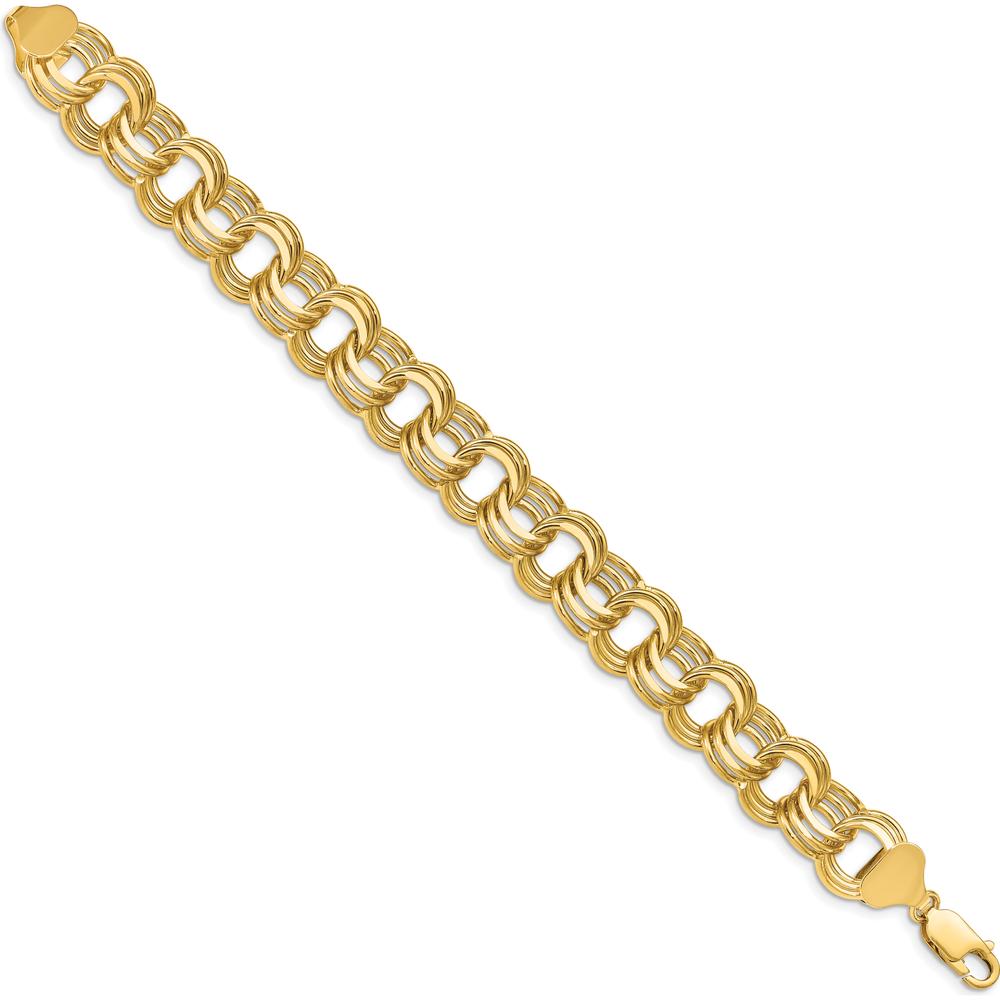 14K Yellow Gold 14mm Solid Triple Link Charm Bracelet - Polished Finish 8.5" Length by 0