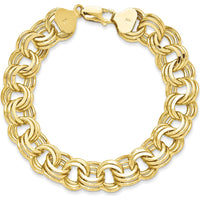 14K Yellow Gold 14mm Solid Triple Link Charm Bracelet - Polished Finish 8.5" Length by 0