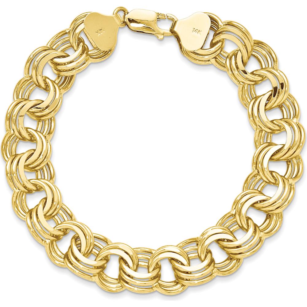 14K Yellow Gold 14mm Solid Triple Link Charm Bracelet - Polished Finish 8.5" Length by 0