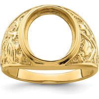 14K Yellow Gold 14x12mm Oval Masonic Men's Ring Mounting with Polished and Textured Detailing by Monteluci Fine Jewelry