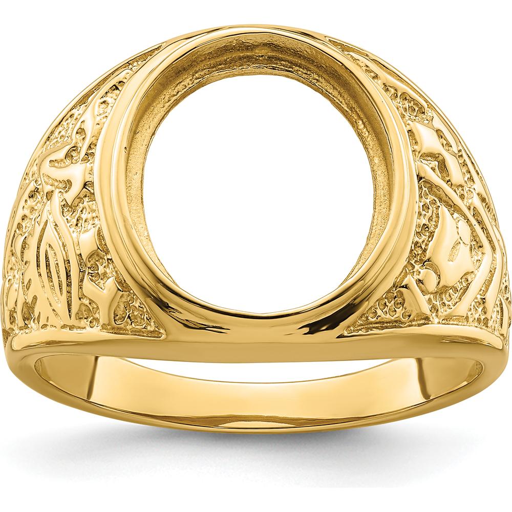 14K Yellow Gold 14x12mm Oval Masonic Men's Ring Mounting with Polished and Textured Detailing by Monteluci Fine Jewelry