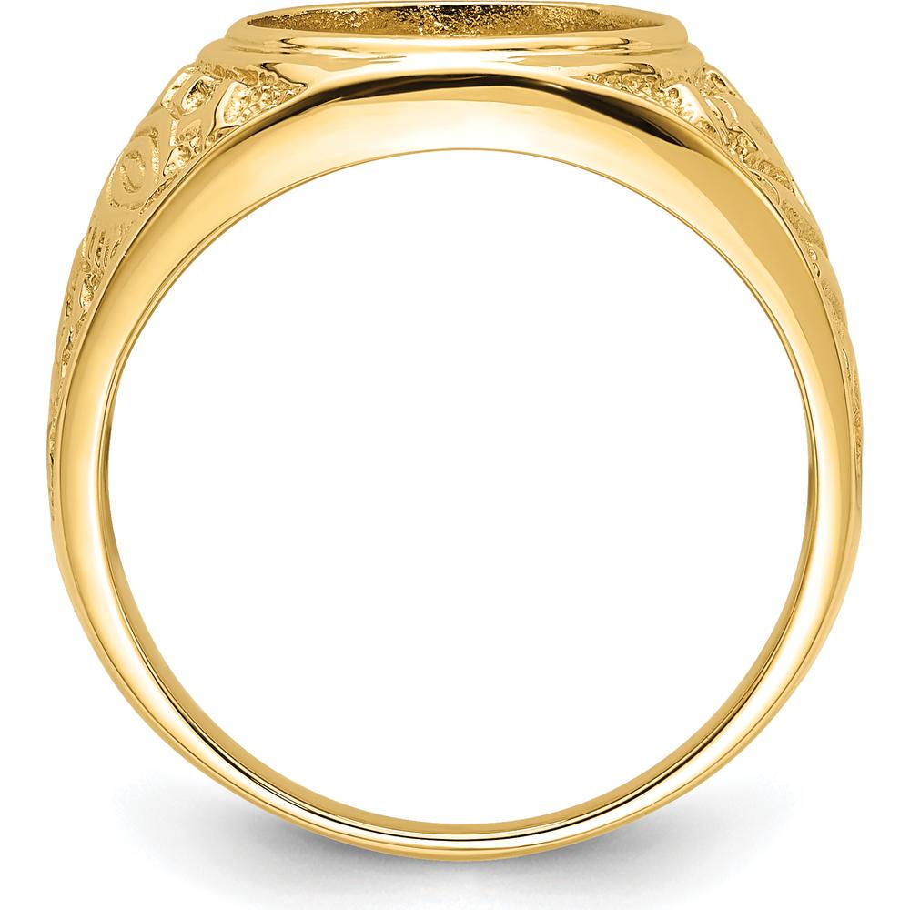 14K Yellow Gold 14x12mm Oval Masonic Men's Ring Mounting with Polished and Textured Detailing by Monteluci Fine Jewelry