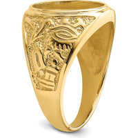 14K Yellow Gold 14x12mm Oval Masonic Men's Ring Mounting with Polished and Textured Detailing by Monteluci Fine Jewelry