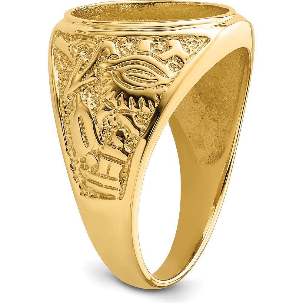 14K Yellow Gold 14x12mm Oval Masonic Men's Ring Mounting with Polished and Textured Detailing by Monteluci Fine Jewelry