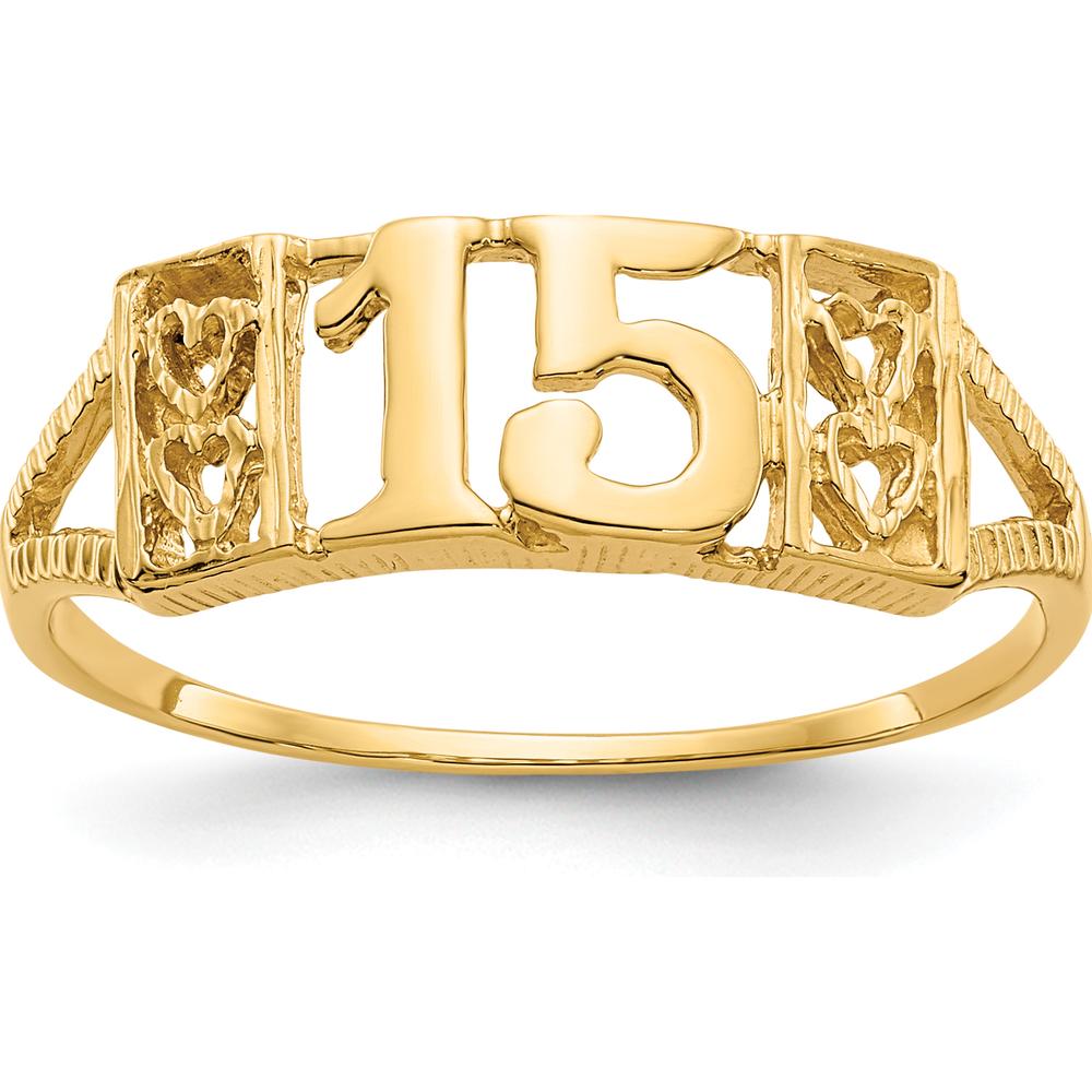 14K Yellow Gold 15 Themed Ring with Heart Design and Textured Band by 0