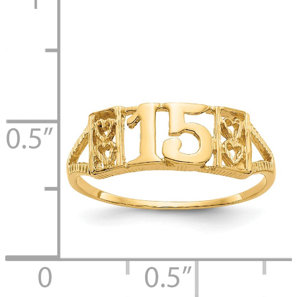 14K Yellow Gold 15 Themed Ring with Heart Design and Textured Band by 0