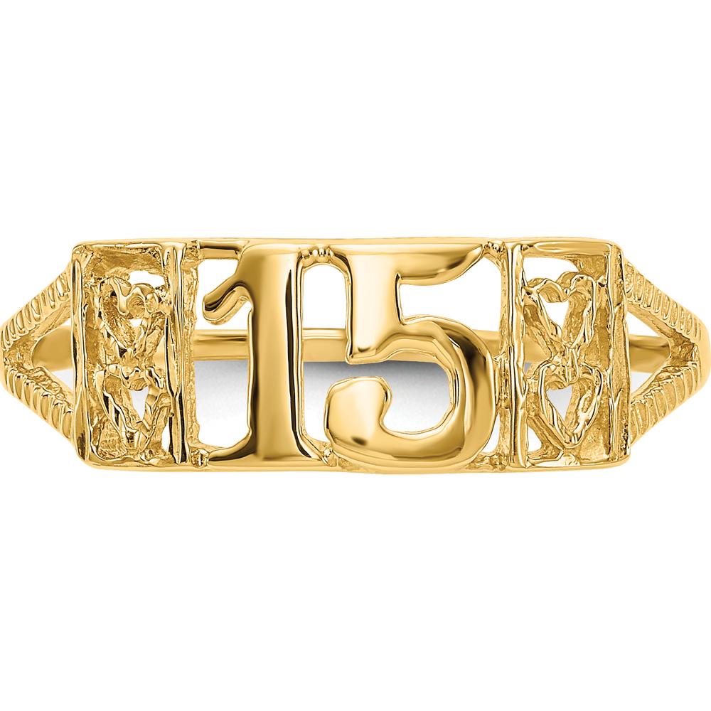 14K Yellow Gold 15 Themed Ring with Heart Design and Textured Band by 0