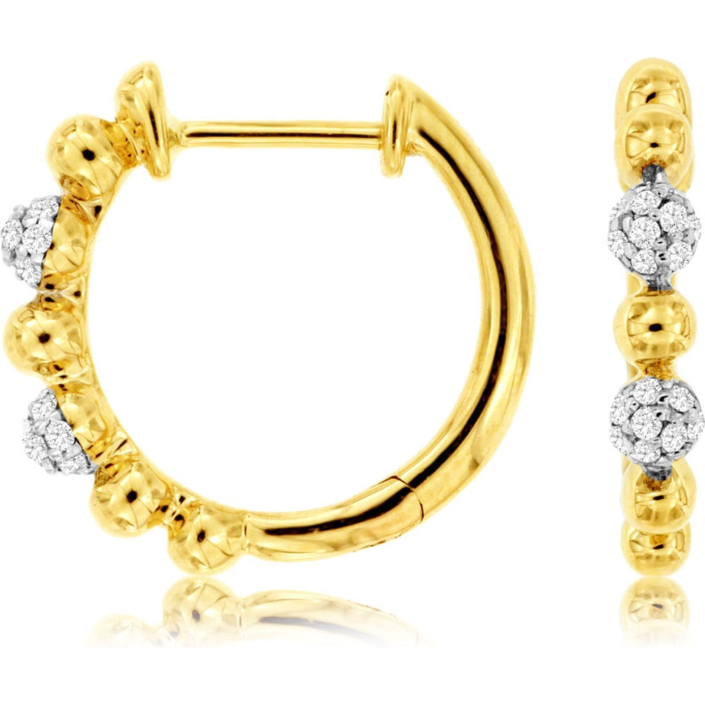 14K Yellow Gold 15mm Beaded Hoop Earrings with Pavé-Set Round Diamonds - 0.11 Carat Total Diamond Weight - Royal Jewelry