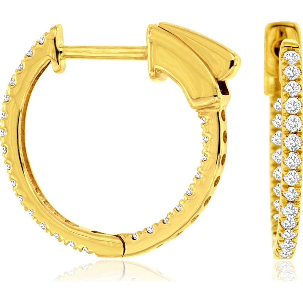 14K Yellow Gold 15mm Diamond Hoop Earrings with Round Diamonds - 0.25 Carat Total Diamond Weight - Royal Jewelry