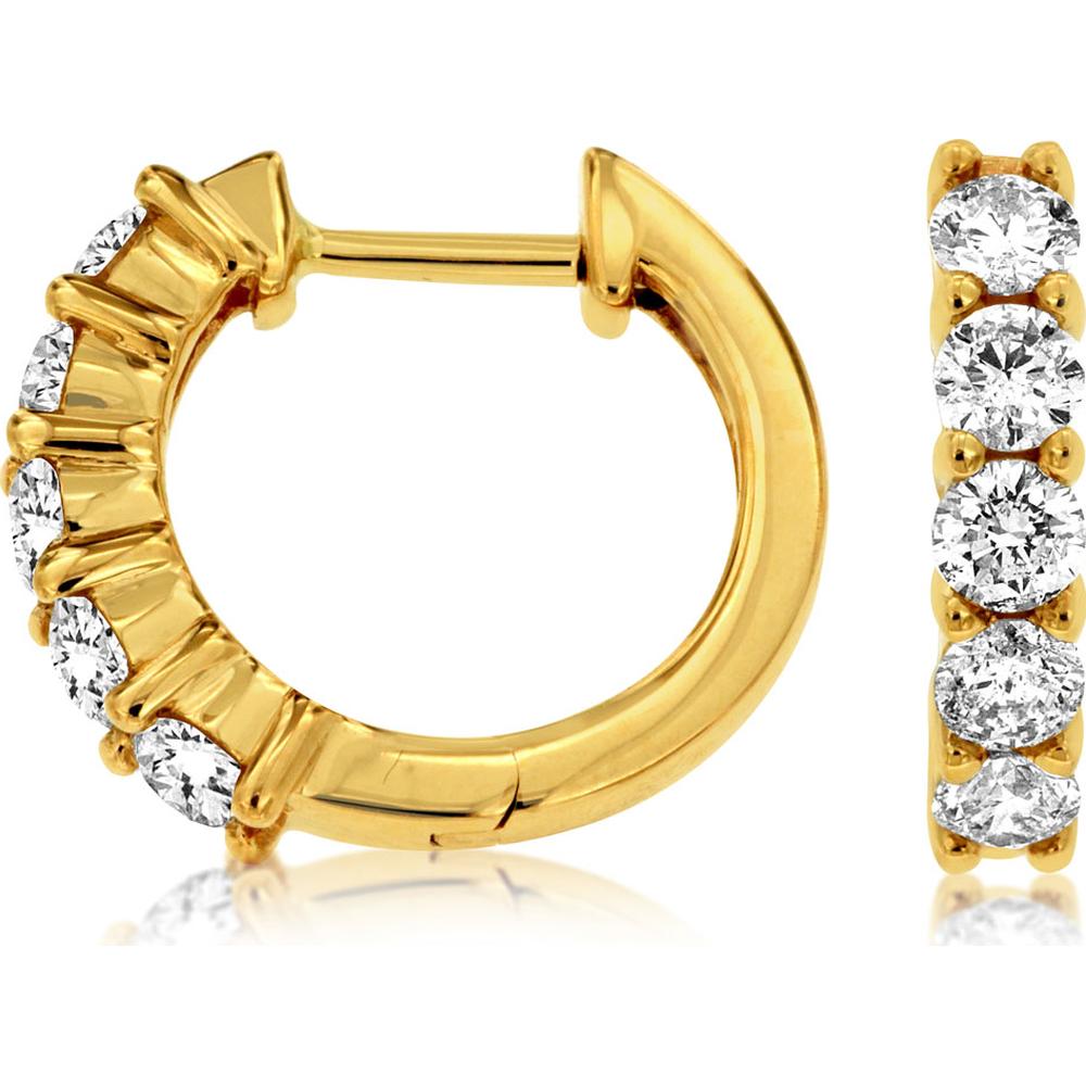 14K Yellow Gold 15mm Diamond Huggie Hoop Earrings with Shared Prong Set Round Diamonds - 1.00 Carat Total Diamond Weight - Royal Jewelry