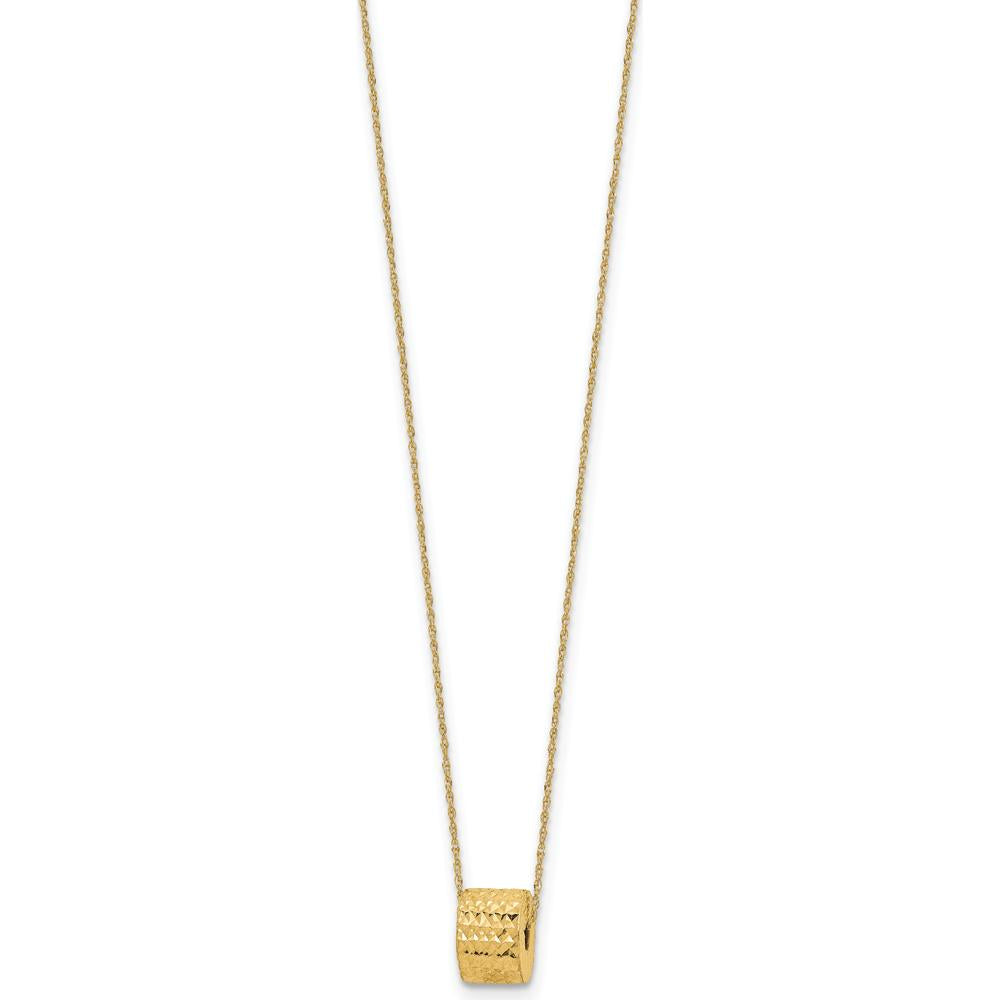 14K Yellow Gold 16" Rope Chain Necklace with Textured Barrel Bead Pendant - Adjustable 2" Extension by 0