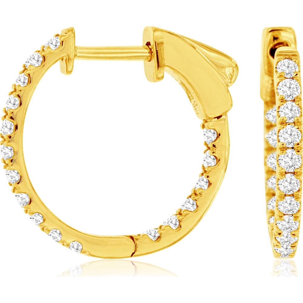 14K Yellow Gold 16mm Diamond Hoop Earrings with Shared-Prong Set Round Diamonds - 0.50 Carat Total Diamond Weight - Royal Jewelry