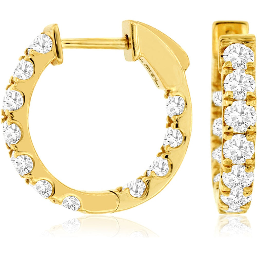 14K Yellow Gold 16mm Huggie Hoop Earrings with Prong-Set Round Diamonds - 1.50 Carat Total Diamond Weight - Royal Jewelry