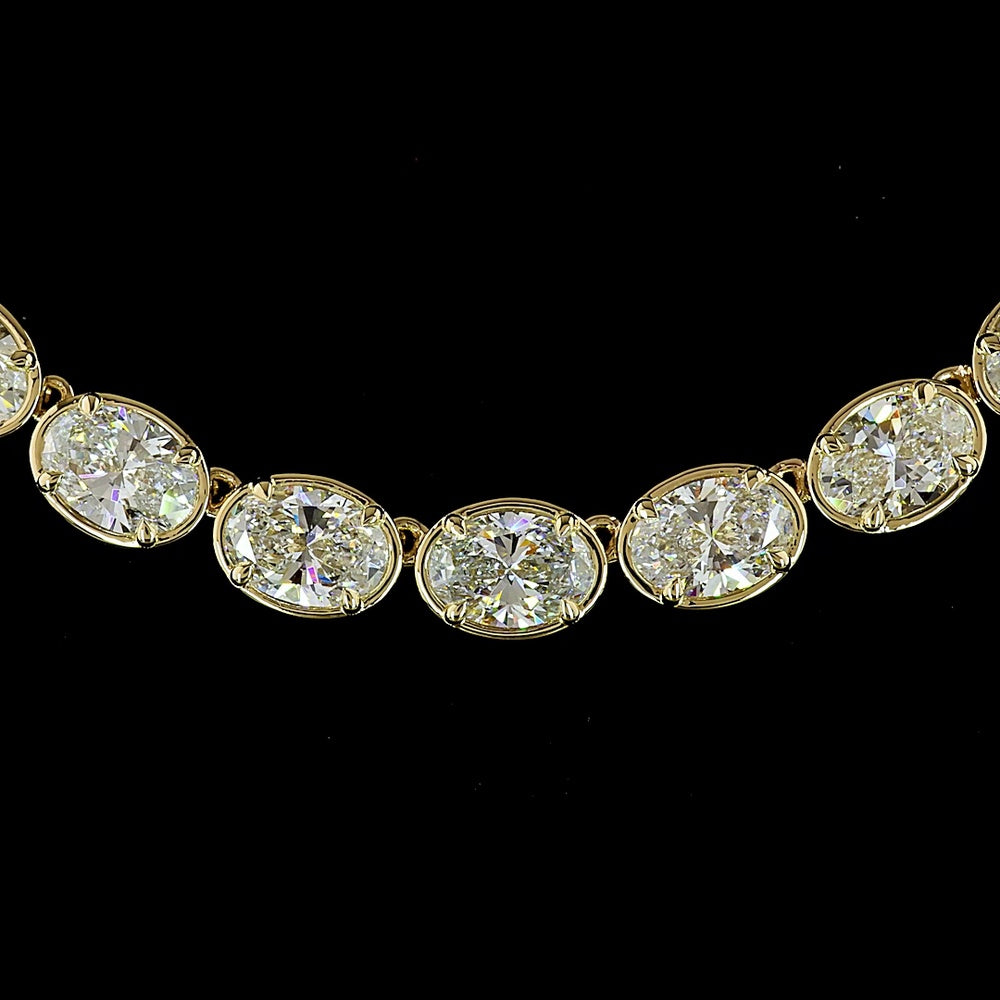 14K Yellow Gold 17.5" Tennis Necklace with 54 East-West Bezel-Prong Set Oval Cut Lab Diamonds - 29.01 Carat Total Weight - Covaloro Fine Jewelry