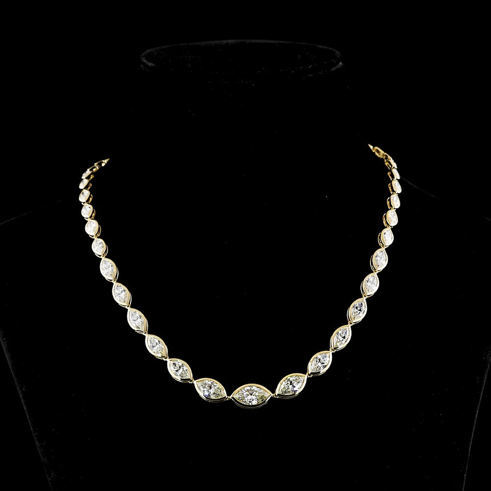 14K Yellow Gold 17.58 Carat Riviera Necklace with Graduated East-West Bezel Set Marquise Cut Lab Diamonds - E-F VS1 Clarity - Covaloro Fine Jewelry