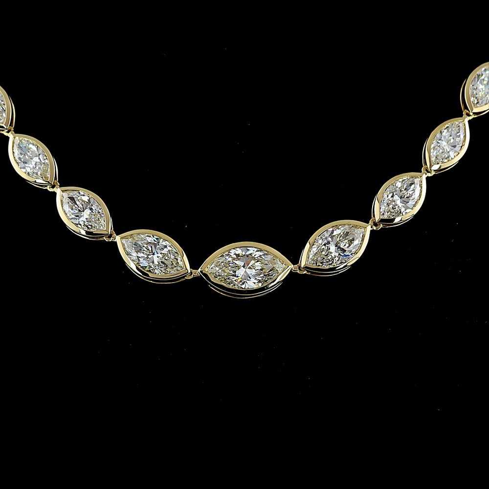 14K Yellow Gold 17.58 Carat Riviera Necklace with Graduated East-West Bezel Set Marquise Cut Lab Diamonds - E-F VS1 Clarity - Covaloro Fine Jewelry