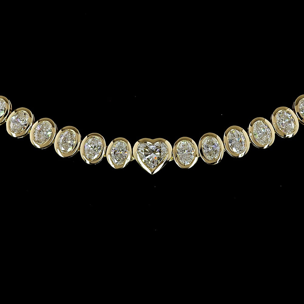 14K Yellow Gold 17" Mixed Shape Tennis Necklace with Heart and Oval Lab Diamonds in Bezel Settings - 8.00 Carats Total Diamond Weight - Covaloro Fine Jewelry