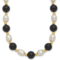 14K Yellow Gold 17" Necklace with 6-7mm White Freshwater Pearls and Black Onyx Beads by Monteluci Fine Jewelry