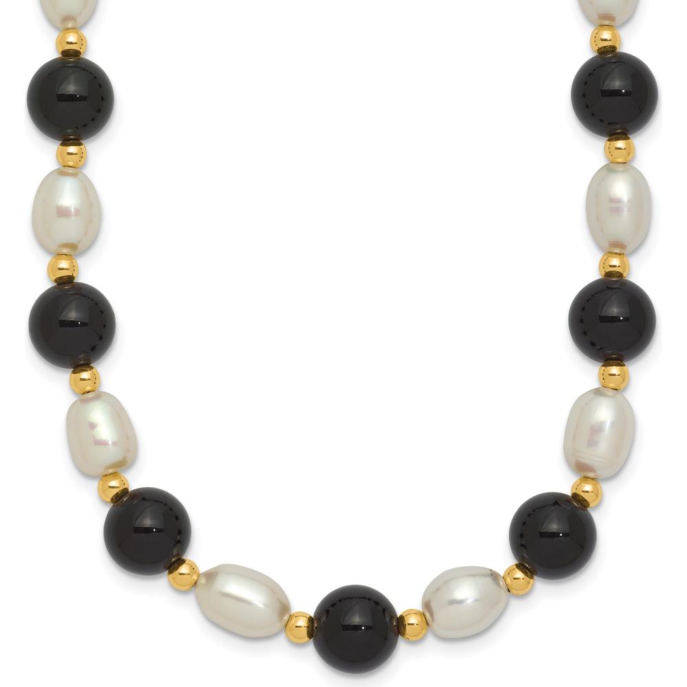 14K Yellow Gold 17" Necklace with 6-7mm White Freshwater Pearls and Black Onyx Beads by Monteluci Fine Jewelry
