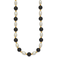 14K Yellow Gold 17" Necklace with 6-7mm White Freshwater Pearls and Black Onyx Beads by Monteluci Fine Jewelry