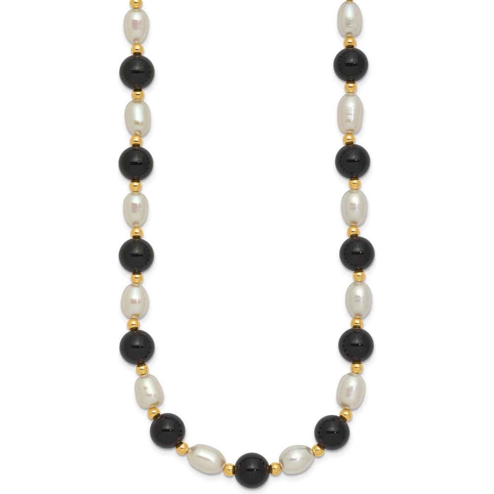 14K Yellow Gold 17" Necklace with 6-7mm White Freshwater Pearls and Black Onyx Beads by Monteluci Fine Jewelry