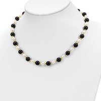 14K Yellow Gold 17" Necklace with 6-7mm White Freshwater Pearls and Black Onyx Beads by Monteluci Fine Jewelry