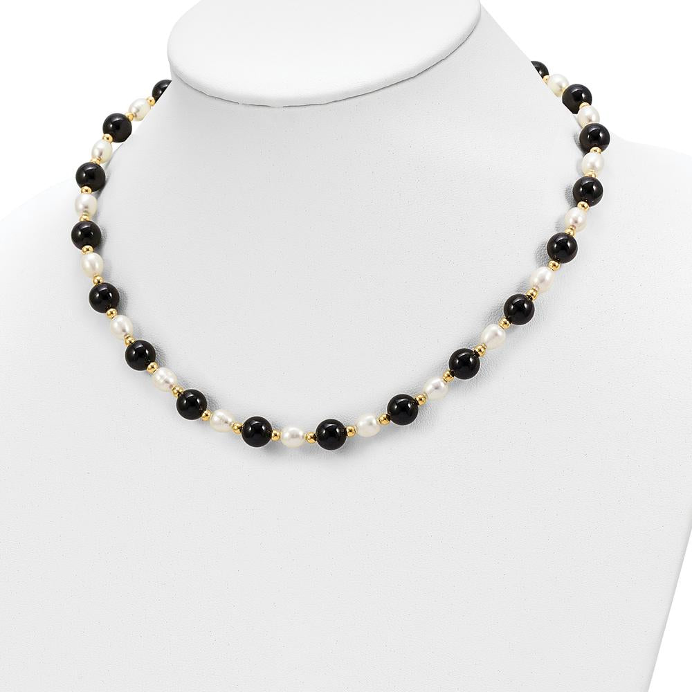 14K Yellow Gold 17" Necklace with 6-7mm White Freshwater Pearls and Black Onyx Beads by Monteluci Fine Jewelry