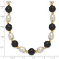 14K Yellow Gold 17" Necklace with 6-7mm White Freshwater Pearls and Black Onyx Beads by Monteluci Fine Jewelry