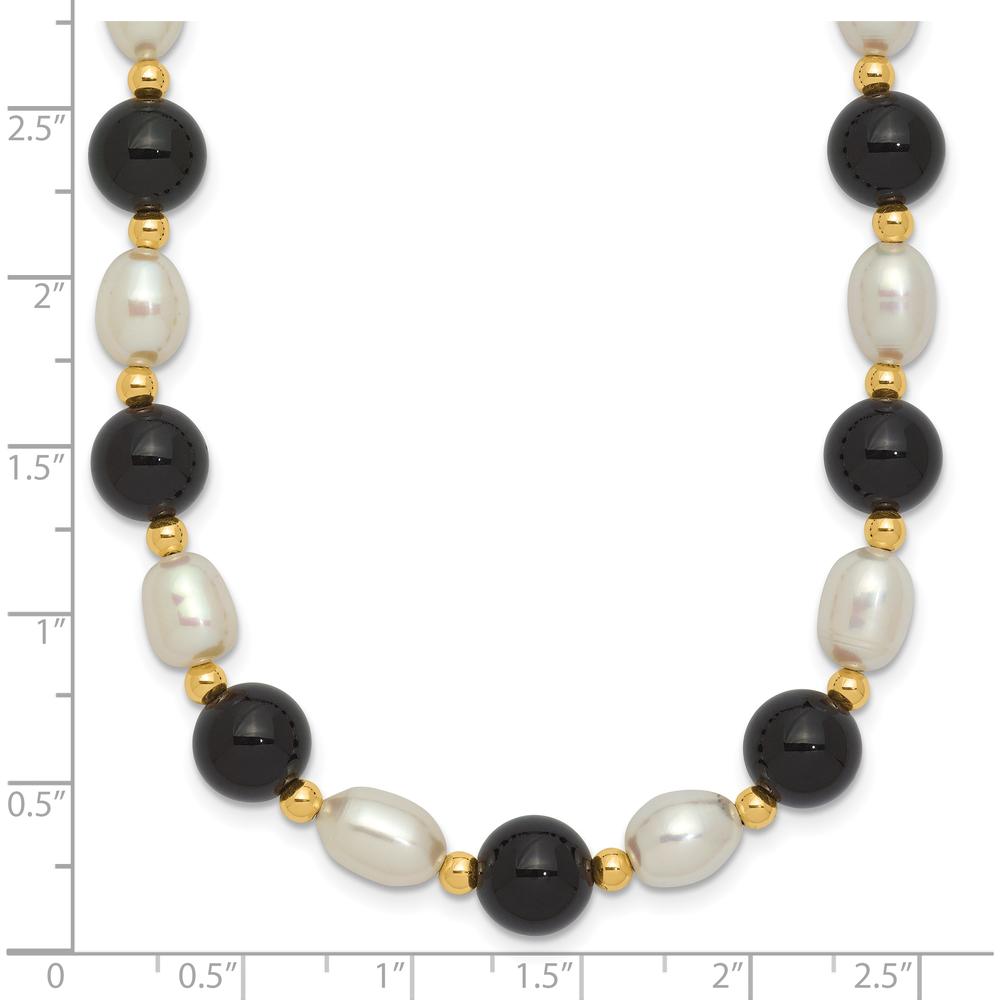 14K Yellow Gold 17" Necklace with 6-7mm White Freshwater Pearls and Black Onyx Beads by Monteluci Fine Jewelry