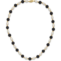 14K Yellow Gold 17" Necklace with 6-7mm White Freshwater Pearls and Black Onyx Beads by Monteluci Fine Jewelry