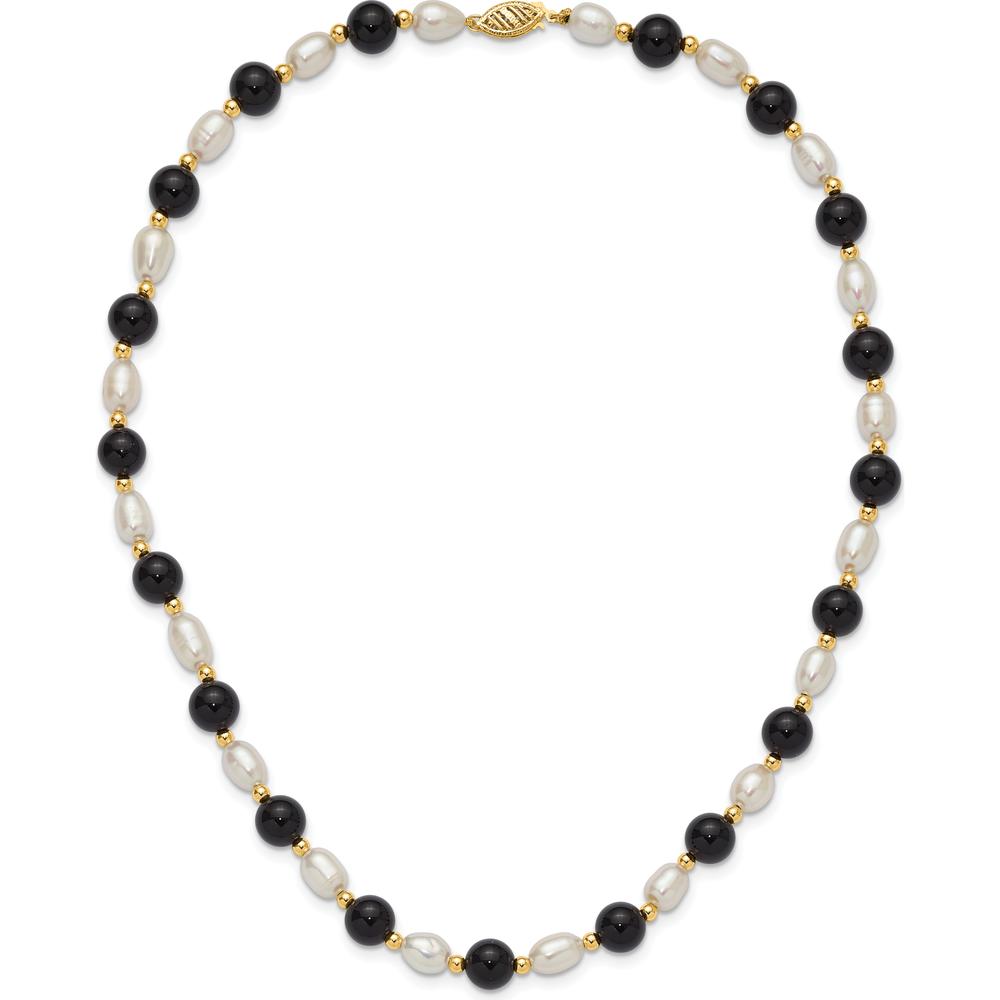 14K Yellow Gold 17" Necklace with 6-7mm White Freshwater Pearls and Black Onyx Beads by Monteluci Fine Jewelry