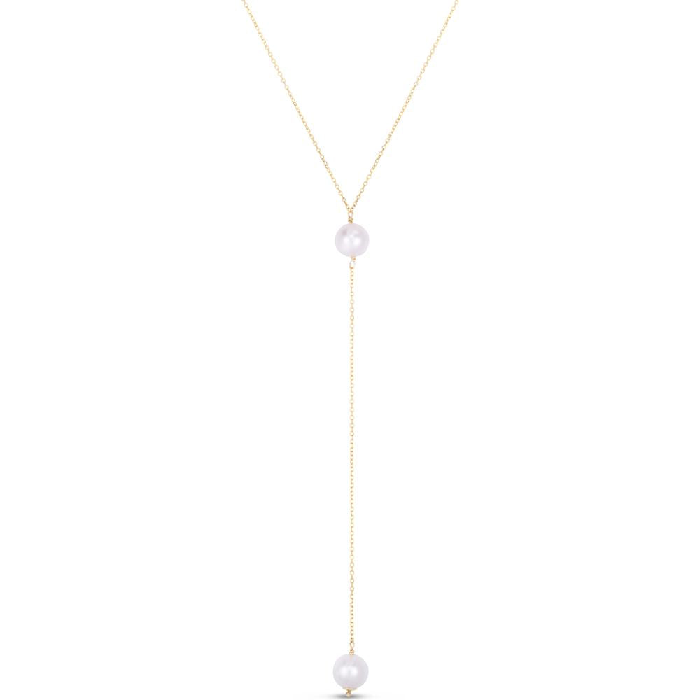 14K Yellow Gold 17" Pearl Drop Lariat Necklace with Diamond-Cut Finish by Orozza Fine Jewelry