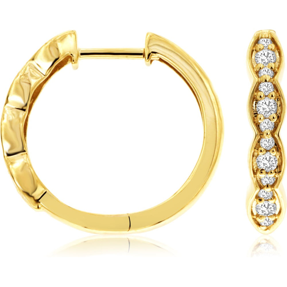 14K Yellow Gold 17mm Medium Hoop Earrings with Bead-Set Round Diamonds - 0.22 Carat Total Diamond Weight - Royal Jewelry