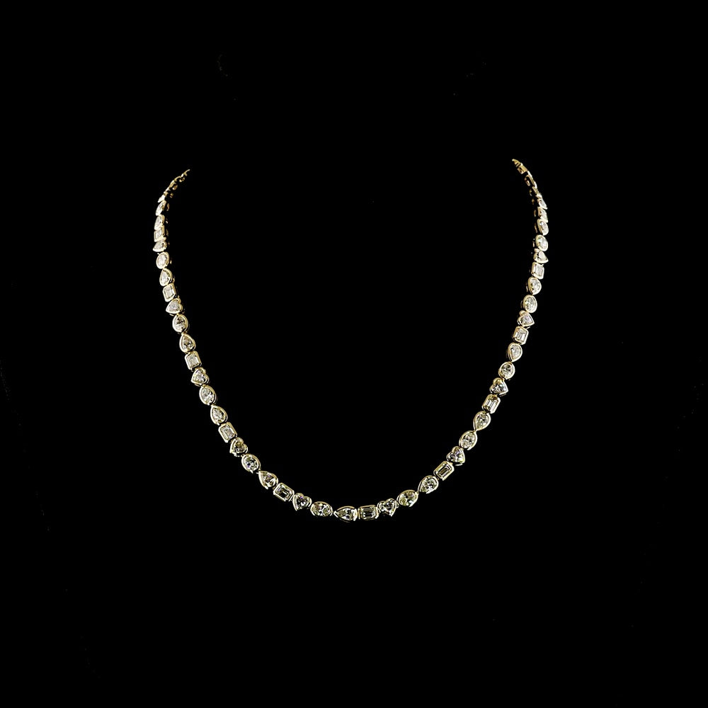 14K Yellow Gold 18.39 Carats Mixed Shape Lab Diamond Tennis Necklace with Oval, Pear, and Heart Cuts in East-West Bezel Settings - E-F VS1 - Covaloro Fine Jewelry