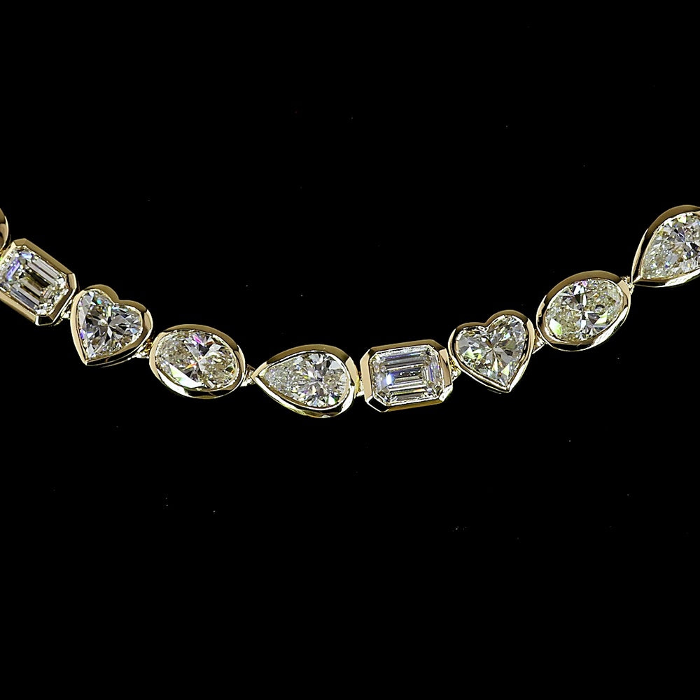 14K Yellow Gold 18.39 Carats Mixed Shape Lab Diamond Tennis Necklace with Oval, Pear, and Heart Cuts in East-West Bezel Settings - E-F VS1 - Covaloro Fine Jewelry