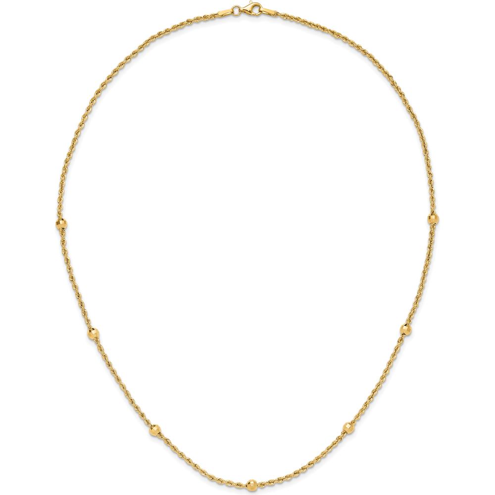14K Yellow Gold 18" Diamond-Cut Rope Chain Necklace with 7 Polished Mirror Beads - 3.4mm by 0