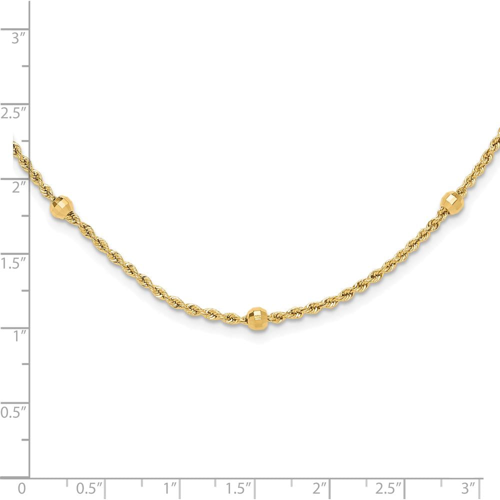 14K Yellow Gold 18" Diamond-Cut Rope Chain Necklace with 7 Polished Mirror Beads - 3.4mm by 0