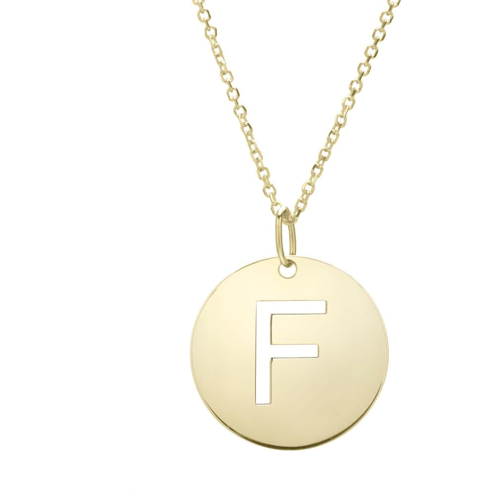 14K Yellow Gold 18" Disc Initial 'F' Pendant Necklace - Yours Truly Collection by Orozza Fine Jewelry